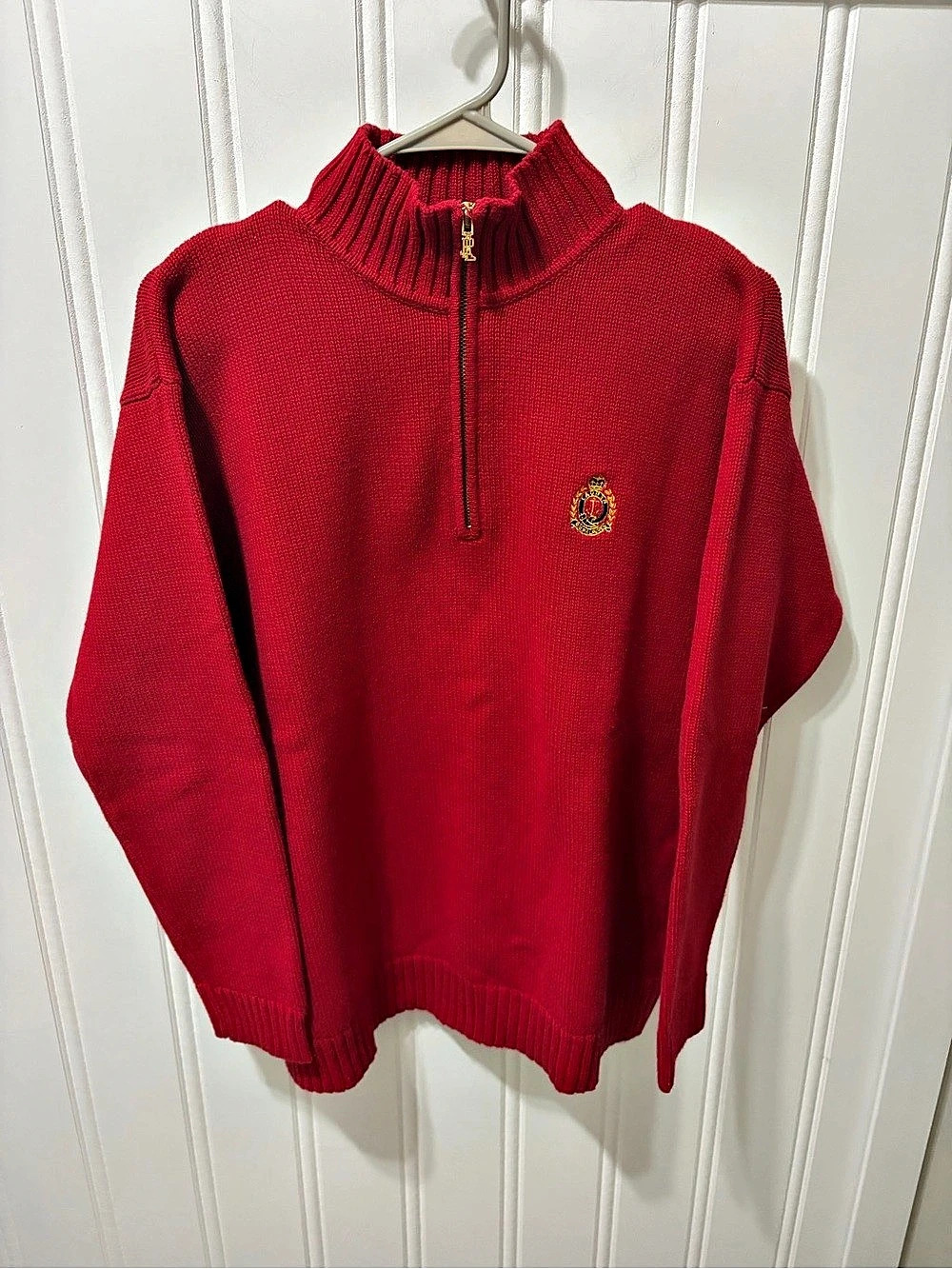 VTG Lauren Ralph Lauren Men’s Large Quarter Zip Sweater Red Crest Knit L Unisex